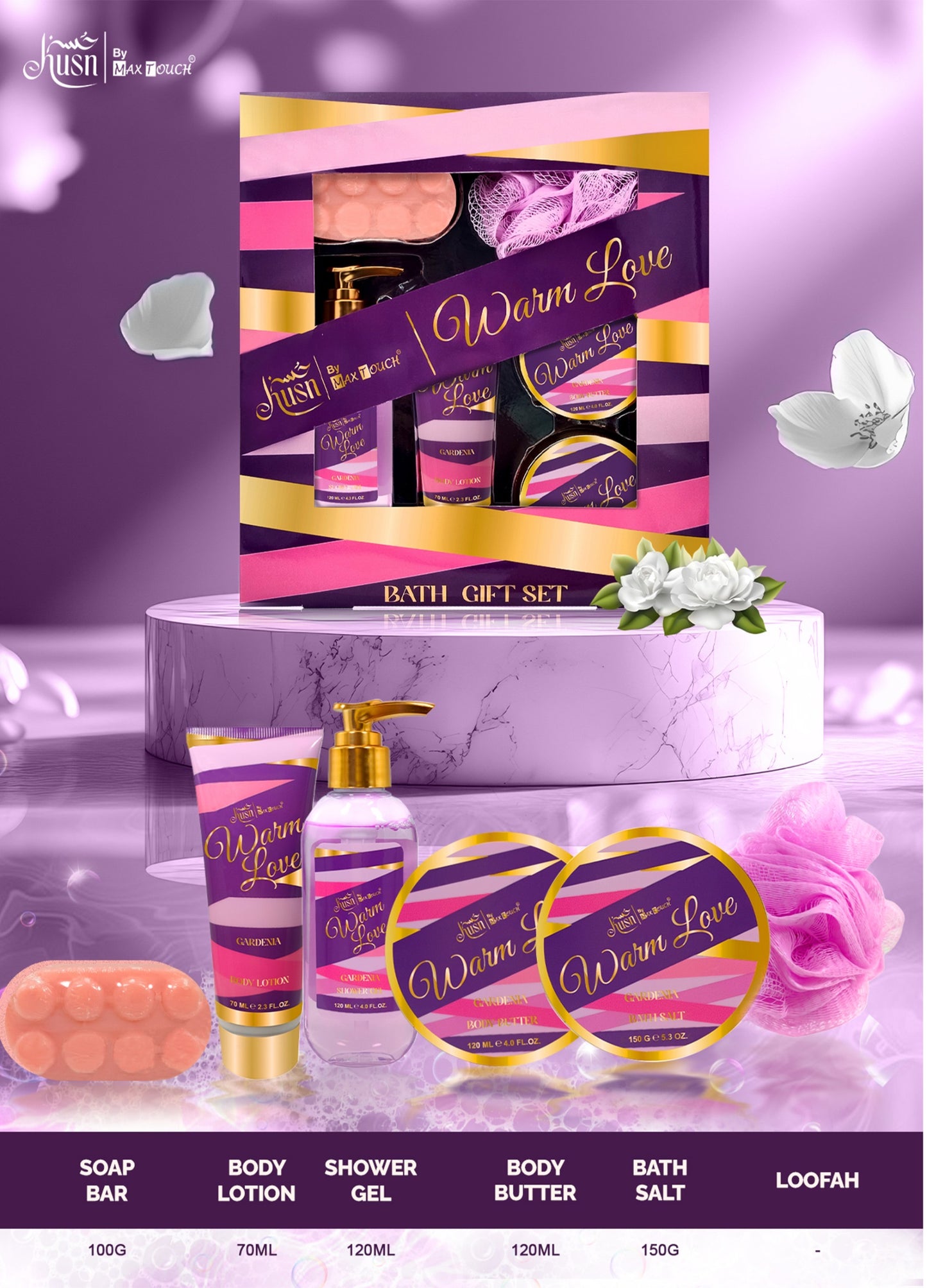 Max Touch Warm Love 6pc Bath Gift Set – Gardenia Elegance - Massage Soap, Body Butter, Body Salt, Shower Gel, Body Lotion, Loofah MTH-5256